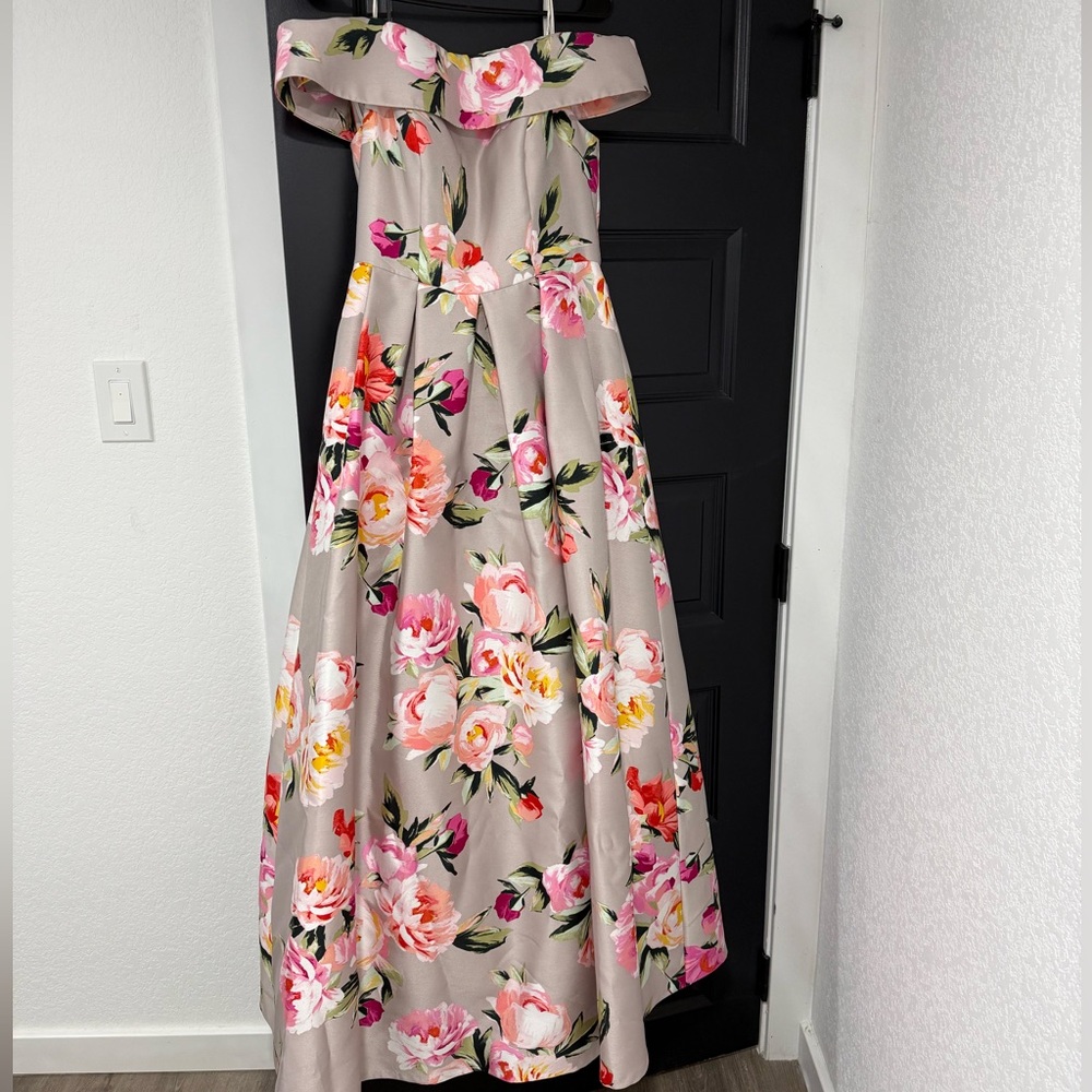 Eliza J Strapless Floral Gown in Pink and Cream